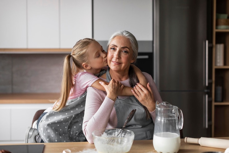 Foto felice felice bambina caucasica abbracci e baci sulla guancia della nonna anziana prepara l'impasto per la cottura