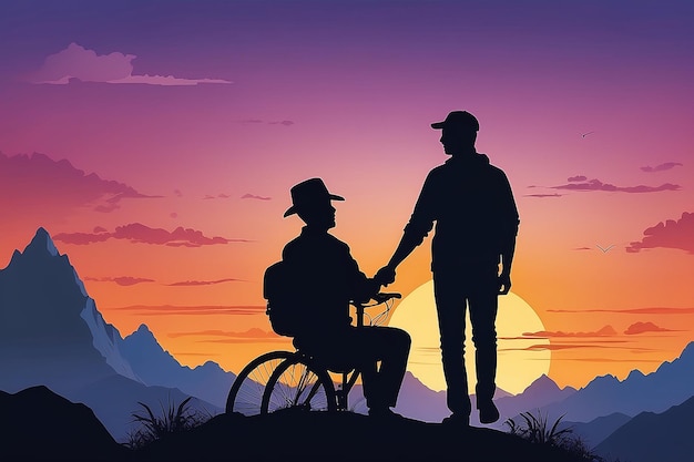 Felice Festa dei Padri con Silhouette al tramonto figlio sta cavalcando il collo di suo padre alle cime delle montagne la sera tempo vettore e disegno di illustrazione