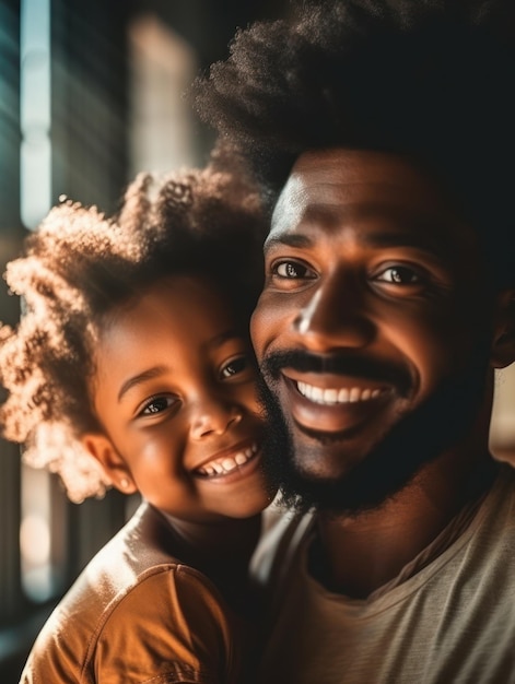 Felice festa del papà Padre e figlia afroamericani che sorridono felicemente