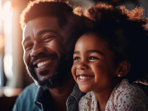 Felice festa del papà Padre e figlia afroamericani che sorridono felicemente