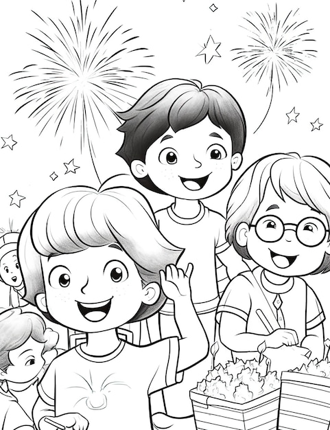 Felice festa dell'indipendenza americana, pagina da colorare per bambini, semplice, in bianco e nero, senza ombreggiature, sfondo bianco