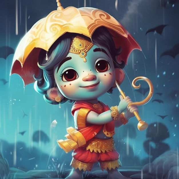 Felice festa di Janmashtami Piccolo cartone animato Signore Krishna Sfondi digitali Generative Ai