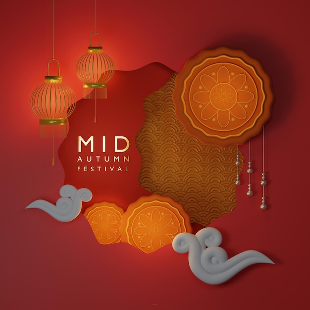 Felice festa di metà autunno luna piena sfondo cinese fiore rosso concetto di festa cinese celebrazione gong xi fa cai rendering 3D illustrazione