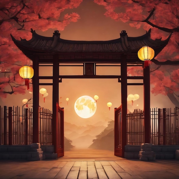 Felice festa di metà autunno o nuovo anno cinese lanterna di porta e bambù
