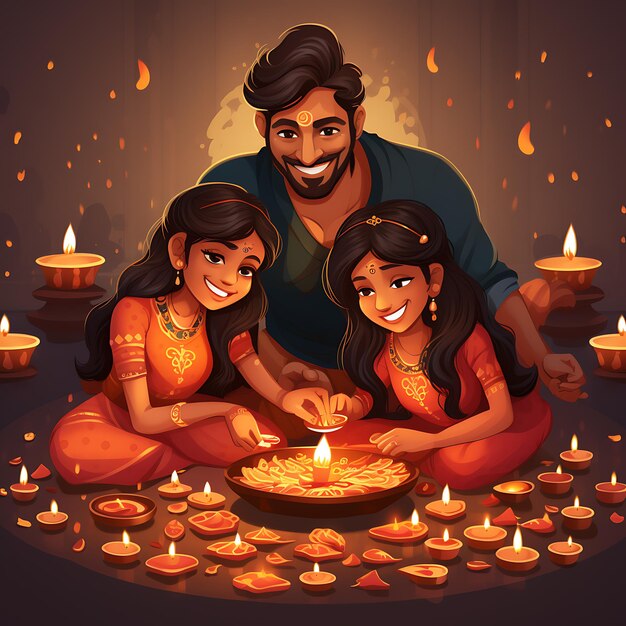 Felice festival di DiwaliLa famiglia indiana celebra lo sfondo del festival Diwali con Rangoli Diya decorato