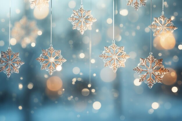 Felice finestra ghiaccio delicati fiocchi di neve sospesi dolcemente illuminati per una gioiosa bandiera di atmosfera natalizia