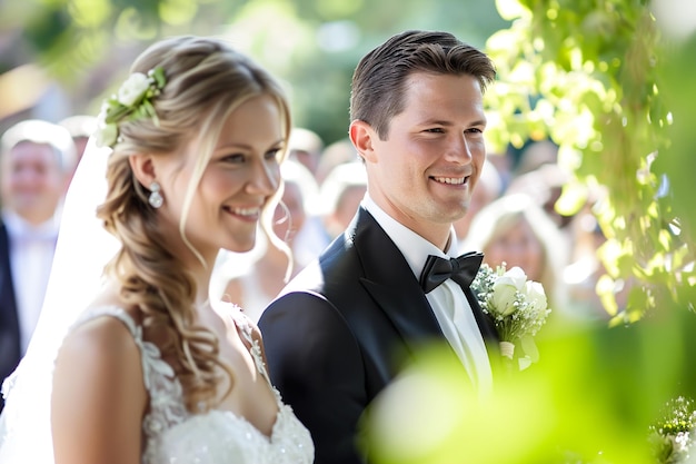 Felice fotografia di nozze della sposa e dello sposo alla cerimonia nuziale