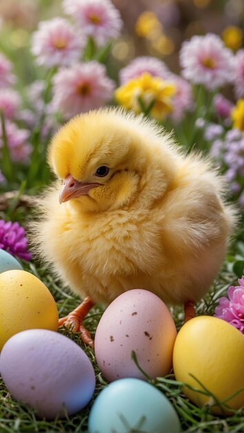 Felice gallina gialla di Pasqua con uova di Pasqua circondate da fiori di primavera su uno sfondo floreale