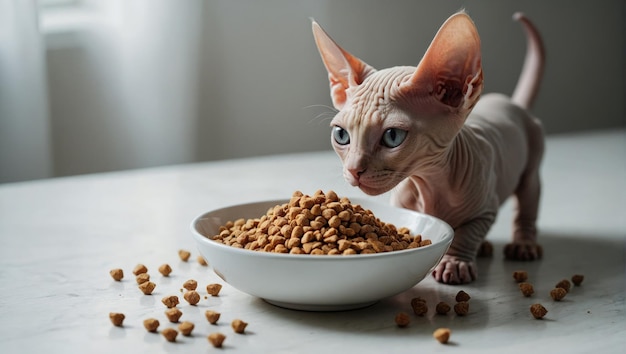 Felice gattino domestico che mangia cibo per gattini da un piatto cucina in stile scandinavo salute degli animali domestici e