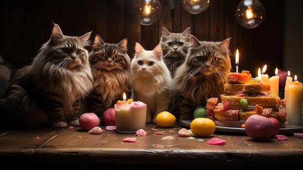 Felice gatto che celebra la festa di compleanno con gli amici gattino e torta di compleanno
