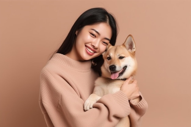 Felice gioiosa donna asiatica abbraccia il suo cane preferito sorride con gioia esprime amore e cura per il cane preferito gode della compagnia di un animale domestico vestito con un maglione casual isolato sopra la parete beige