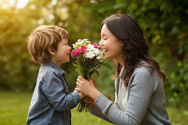 felice giorno delle madri figlio figlio dà fiori per la madre in vacanza 1jpg