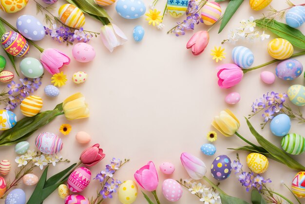 Felice giorno di Pasqua uova colorate e decorazioni floreali su carta