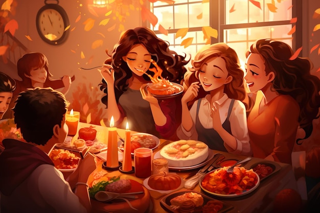 Felice giorno di ringraziamento illustrazione di persone che festeggiano con la cena di ringraziamento con il cibo