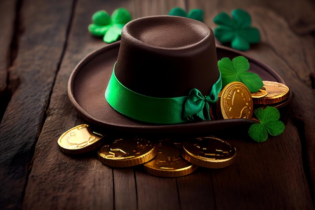 Felice giorno di San Patrizio cappello leprechaun con monete di cioccolato d'oro su sfondo di legno verde in stile vintage AI generato