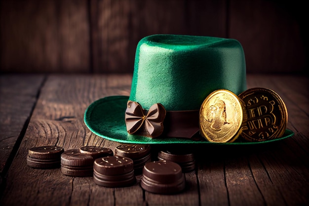 Felice giorno di San Patrizio cappello leprechaun con monete di cioccolato d'oro su sfondo di legno verde in stile vintage AI generato