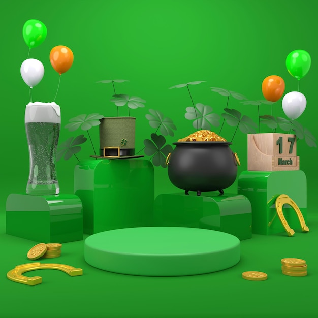 Felice giorno di San Patrizio saluto Bicchiere da birra sul podio e cappello verde su sfondo verde brillante Rendering 3d