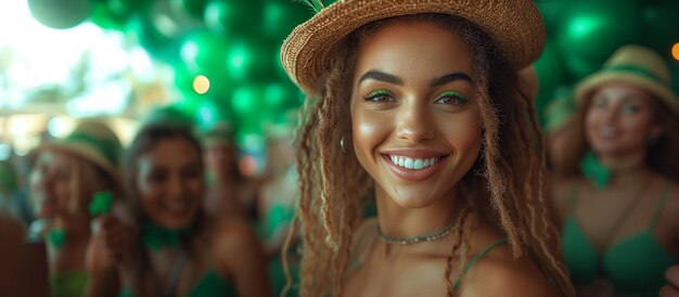 Felice giorno di San Patrizio Una giovane donna con adesivi di trifoglio sulle guance che indossa un cappello di paglia celebra