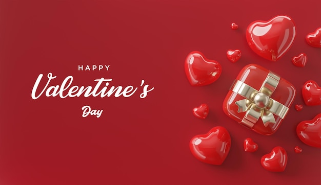 Felice giorno di san valentino confezione regalo rossa e cuore decorationromantic sfondo 3d rendering