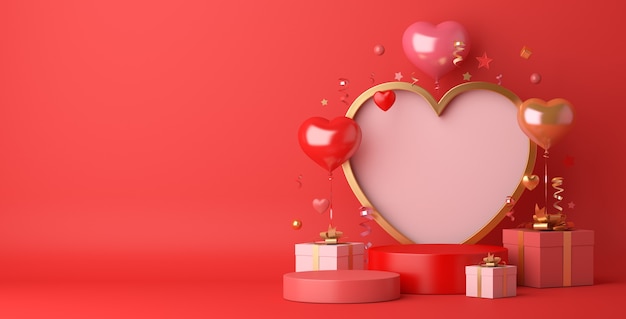 Felice giorno di san valentino display podio decorazione con confezione regalo palloncino a forma di cuore