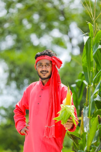 Felice giovane agricoltore indiano che mostra la frutta di mais al campo