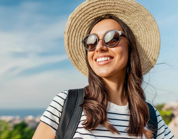 Felice giovane bella donna con cappello da spiaggia occhiali da sole e zaini durante le vacanze estive