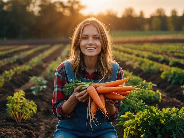 Felice giovane contadina che tiene fresche belle carote arancione che crescono in terreno fertile sul letto della fattoria