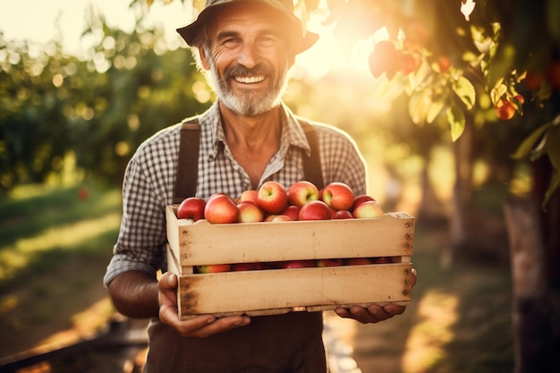 Felice giovane contadino maschio di campagna che tiene una scatola di legno di mele da portare nel frutteto con l'IA generativa