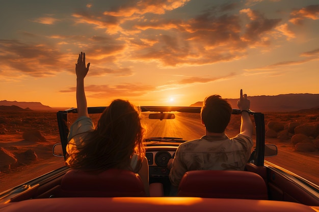 Felice giovane coppia che guida lungo la strada di campagna in auto convertibile al tramonto Concetto di viaggio su strada