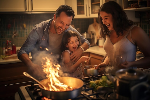 Felice giovane coppia con bambine che ridono forte mentre preparano il cibo insieme in cucina per la cena in famiglia delle vacanze del Ringraziamento