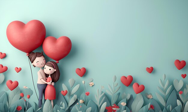 Felice giovane coppia con palloncini a forma di cuore su sfondo colorato in stile cartoon San Valentino