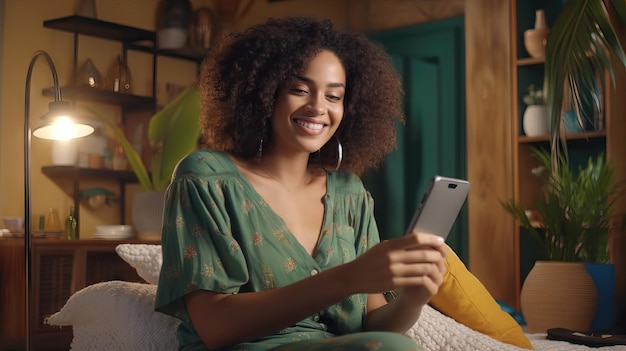 Felice giovane donna africana nera che tiene il cellulare ridendo sentendosi gioia diventando mobile