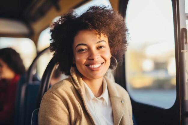 Felice giovane donna afroamericana che si diverte a fare un giro in autobus in città