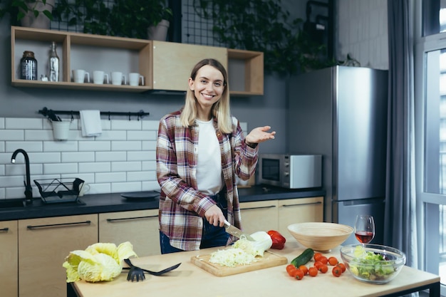 Felice giovane donna bionda che prepara il pranzo a tagliare le verdure preparando per gli ospiti a casa