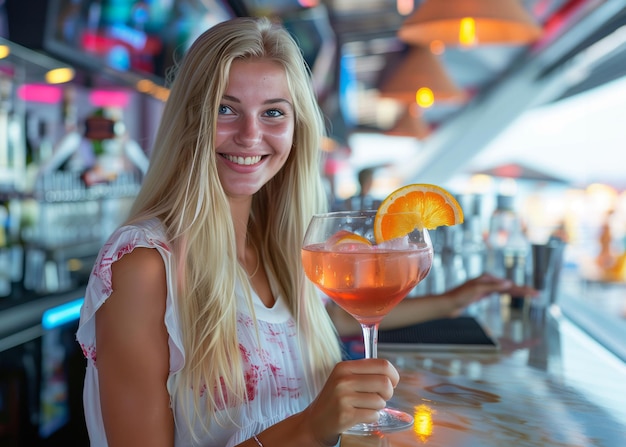 Felice giovane donna bionda con Aperol Spritz nel grande bicchiere di vino e fetta di arancia in estate