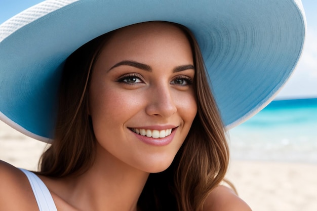 Felice giovane donna caucasica ritratto sulla spiaggia Bel viso di bellezza della donna in bikini che si rilassa al di fuori del concetto di viaggio e vacanza spa