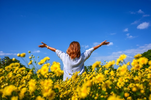 Felice giovane donna che gode nel campo di crisantemo giallo.