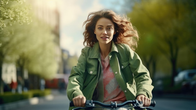 Felice giovane donna che guida la bicicletta nel parco primaverile della città all'aperto Concetto di ciclismo di stile di vita urbano attivo