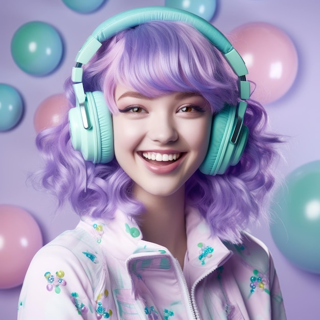 Felice giovane donna con capelli viola in cuffia per ascoltare musica Tendenza colori pastello