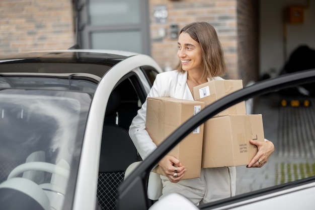 Felice giovane donna d'affari che trasporta pacchi, tornando a casa in auto. Concetto di acquisto online e ritiro degli ordini dall'ufficio di consegna in auto