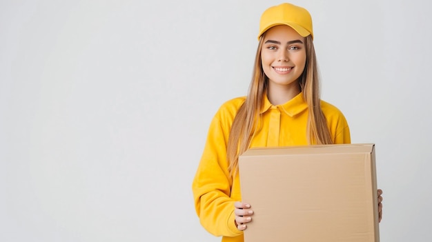 Felice giovane donna di consegna in uniforme giallo in piedi con la cassetta postale del pacco