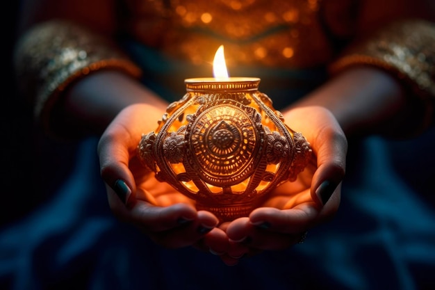 Felice giovane donna indiana in sari che tiene lampada a olio accesa alle candele bokeh Sfondo Diwali Festival tradizionale delle luci La celebrazione di Deepavali ha generato AI