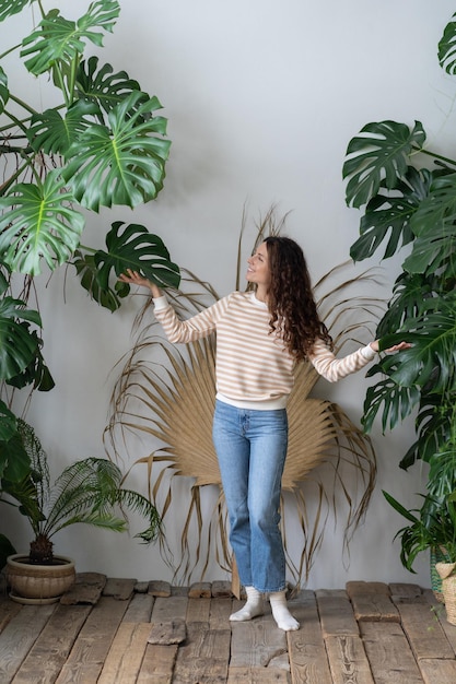 Felice giovane donna tedesca godendo il giardinaggio domestico toccando lussureggianti foglie verdi della pianta di monstera