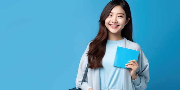 Felice giovane donna turistica asiatica in possesso di passaporto e carta d'imbarco con bagaglio su sfondo blu
