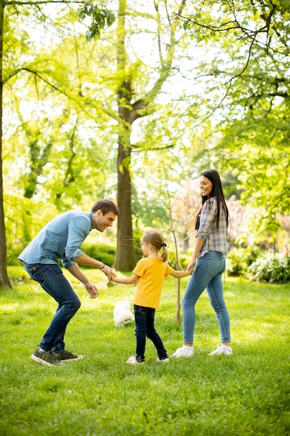 Felice giovane famiglia con simpatico cane bichon nel parco