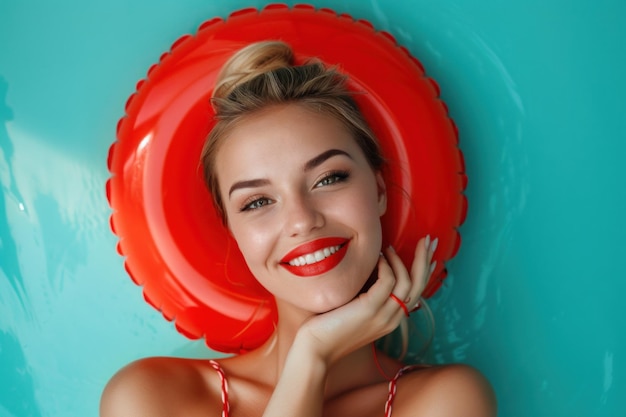 Felice giovane modella con un grande anello rosso gonfiabile in vendita estiva
