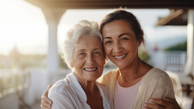 Felice giovane nipote che abbraccia la nonna anziana