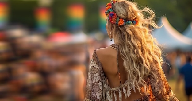 Felice giovane ragazza in abiti bohémien festeggia in un festival musicale o in un'altra celebrazione hippie Una giovane ragazza balla al ritmo delle vacanze estive concetto boho Copia spazio