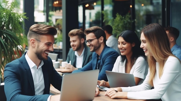 Felice giovani colleghi di lavoro utilizzando il computer portatile