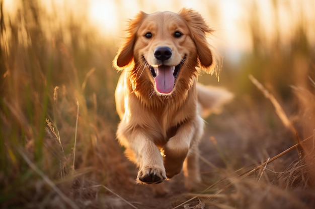 Felice golden retriever che gioca all'aperto in autunno